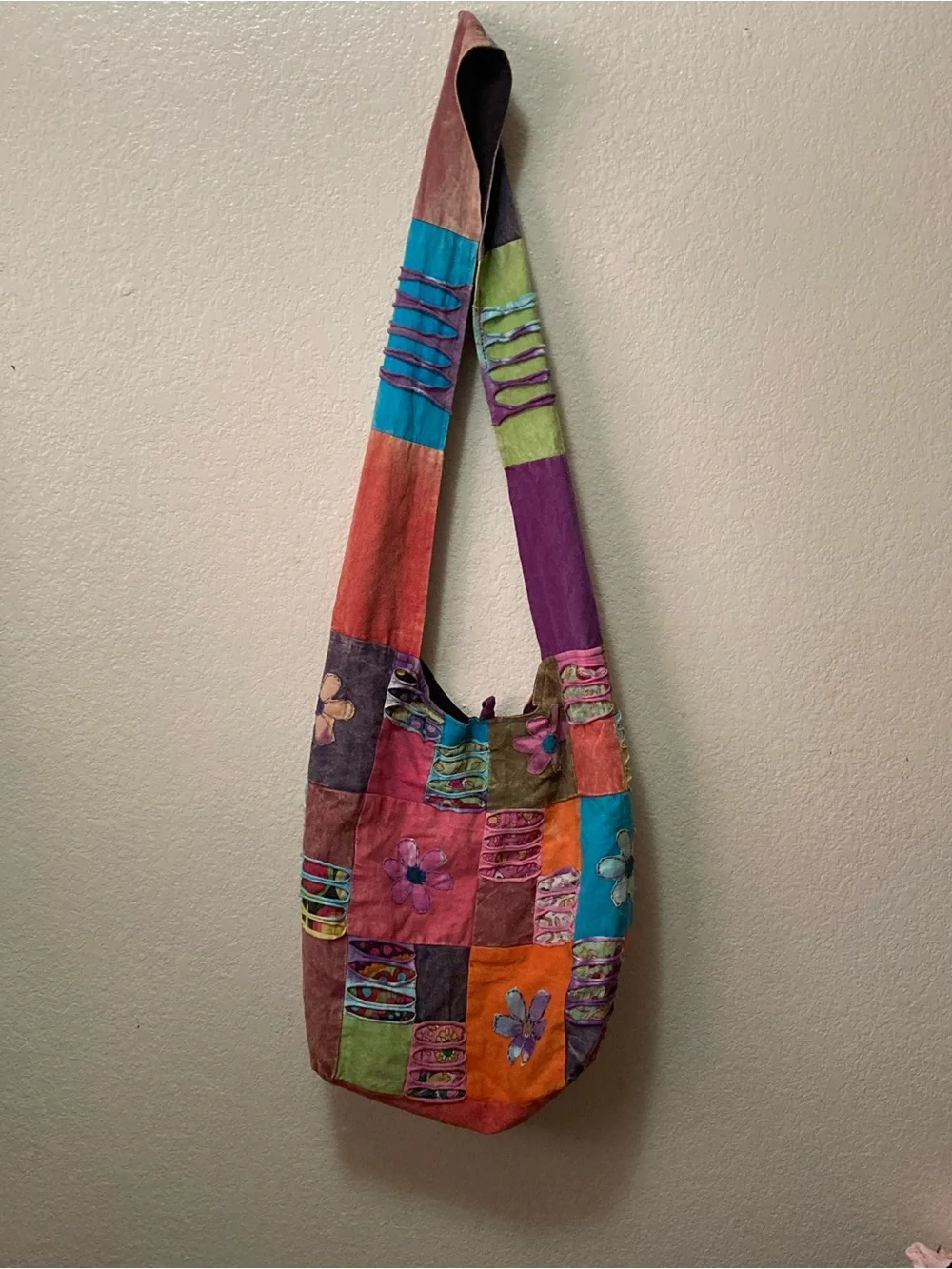 Boho Hippie Flower Colorblock Patchwork Sling Bag - Multicolor